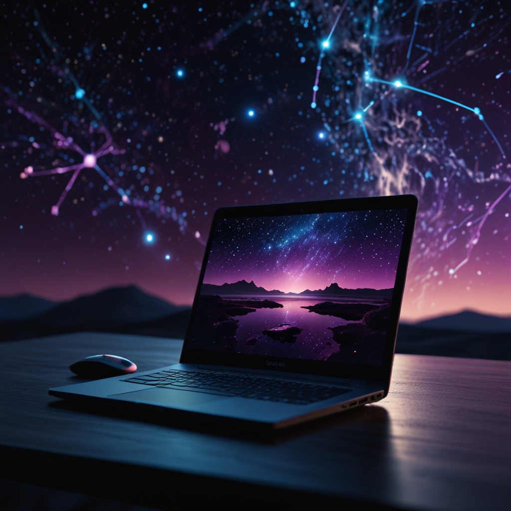 Création site web Oise – poste informatique futuriste avec double écran, éclairage néon et vue panoramique