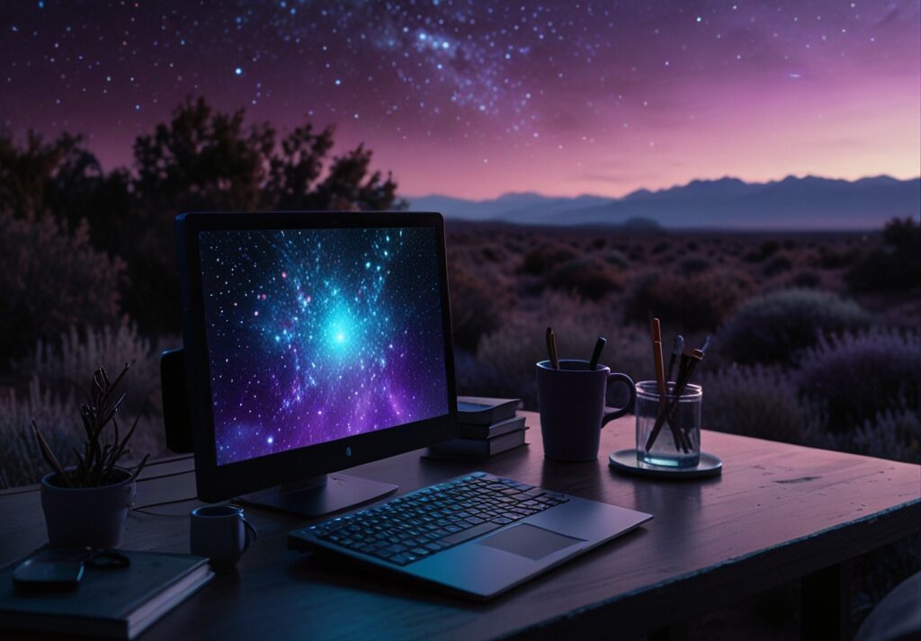 Ordinateur affichant une interface cosmique sur un bureau en pleine nature au coucher du soleil – design web immersif et minimaliste pour site vitrine moderne