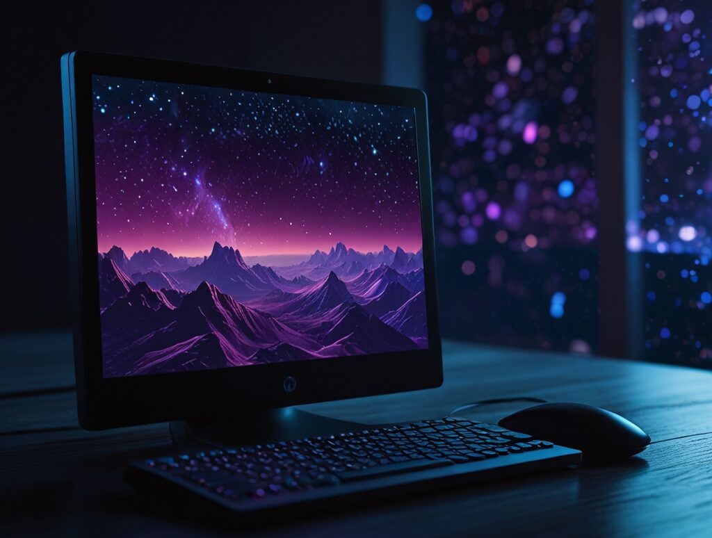 Ordinateur affichant un paysage galactique violet, ambiance zen – création site internet Oise