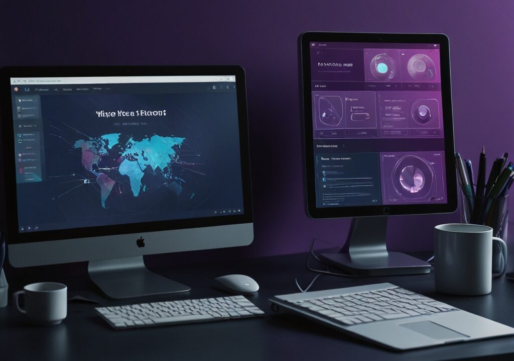 Deux écrans affichant des données analytiques sur fond violet – création site web Oise