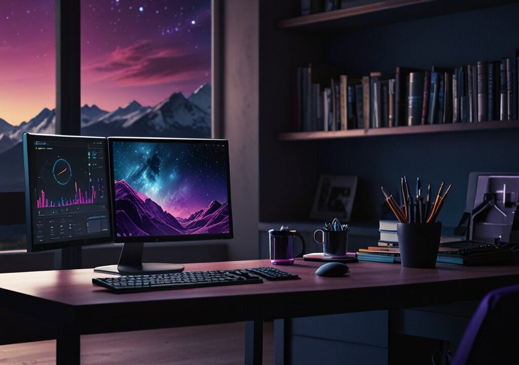 Bureau moderne avec double écran et fond galaxie – création site web Oise