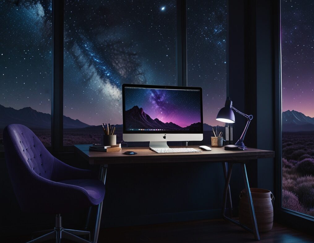 Bureau moderne avec iMac et vue sur ciel étoilé – illustration design web haut de gamme et ambiance nocturne professionnelle