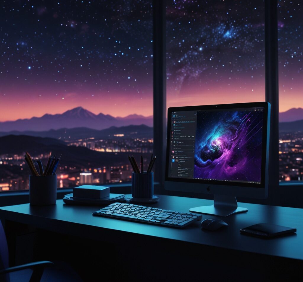 Bureau moderne avec ordinateur affichant un design galactique, vue panoramique sur la ville et les montagnes – conception web créative et haut de gamme
