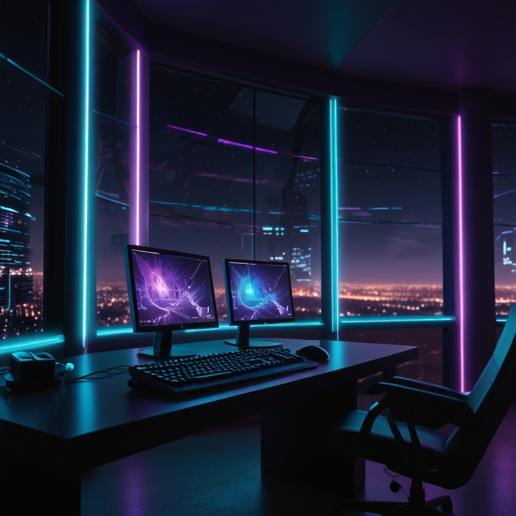 Setup informatique futuriste avec double écran dans une ambiance néon violette et bleue, vue panoramique sur la ville