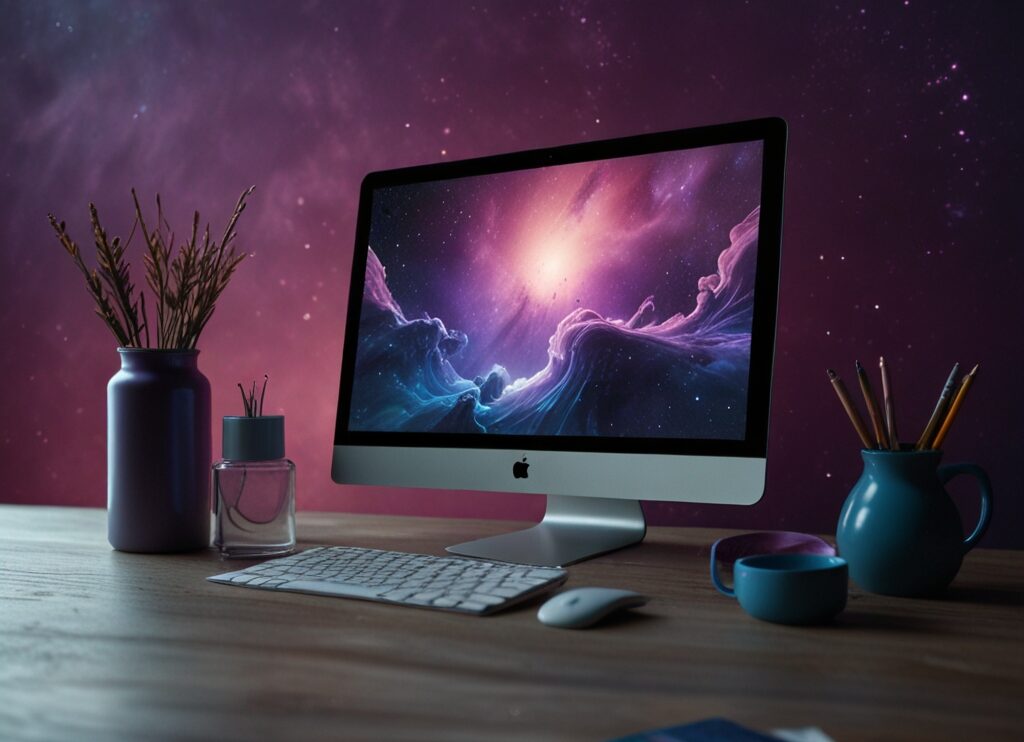 Ordinateur iMac affichant un univers galactique créatif – création site internet Oise