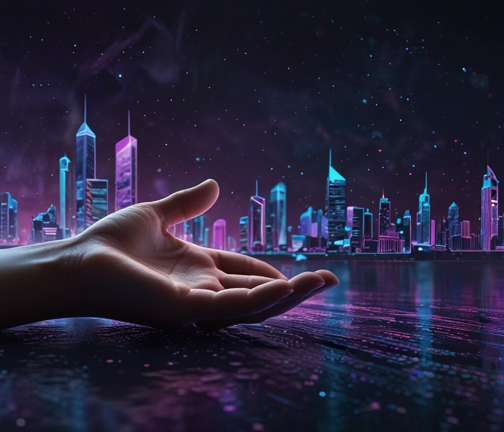 Main tendue vers une ville futuriste sous un ciel étoilé – métaphore de la création digitale, de l'innovation et du web design sur-mesure