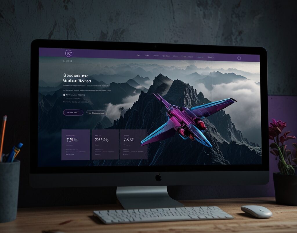 Interface web immersive avec un avion violet sur fond de montagnes – création site web Oise