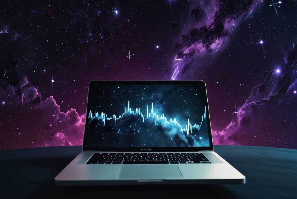 Ordinateur affichant une interface futuriste, fond galactique – création site internet Oise