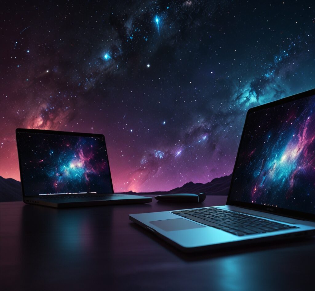 Deux ordinateurs portables affichant un design galactique sur un fond étoilé, représentant un univers digital moderne – création de site web futuriste