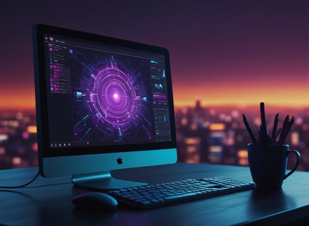 Création site internet Oise – ordinateur Apple avec interface futuriste sur fond de coucher de soleil urbain