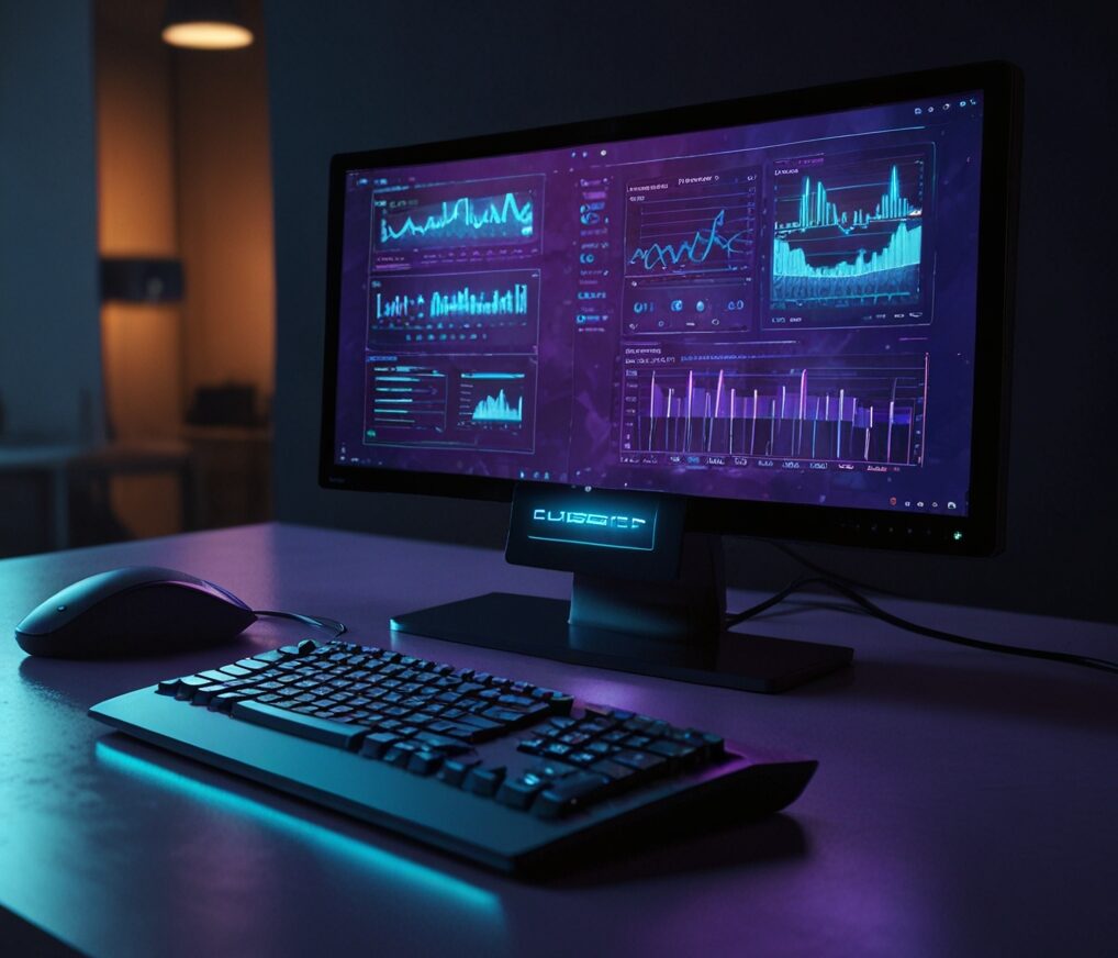Dashboard numérique violet sur écran d’ordinateur moderne – analyse de données web et suivi de performance SEO