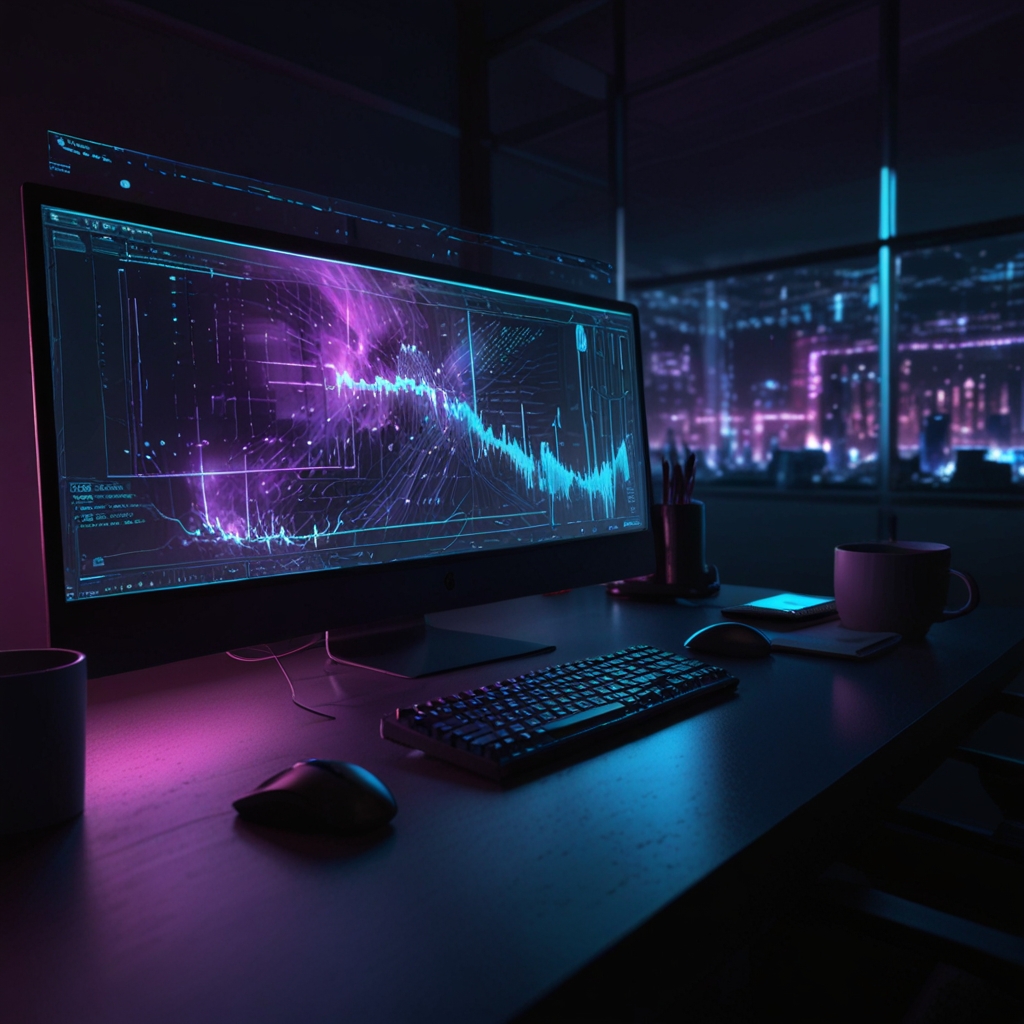 Poste de travail numérique moderne avec un écran ultra-large affichant des graphes et données – symbolisant l’analyse web, le design futuriste et l’optimisation digitale