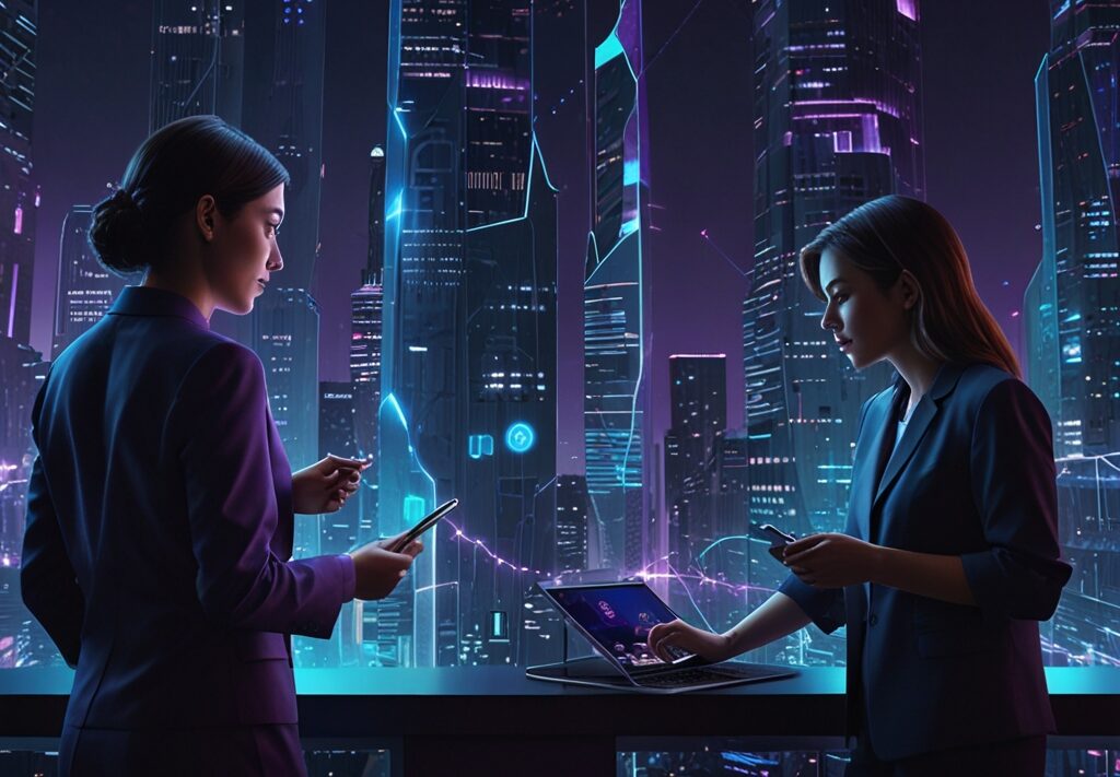 Deux femmes en discussion devant un écran futuriste, symbolisant la collaboration digitale – création site internet Oise